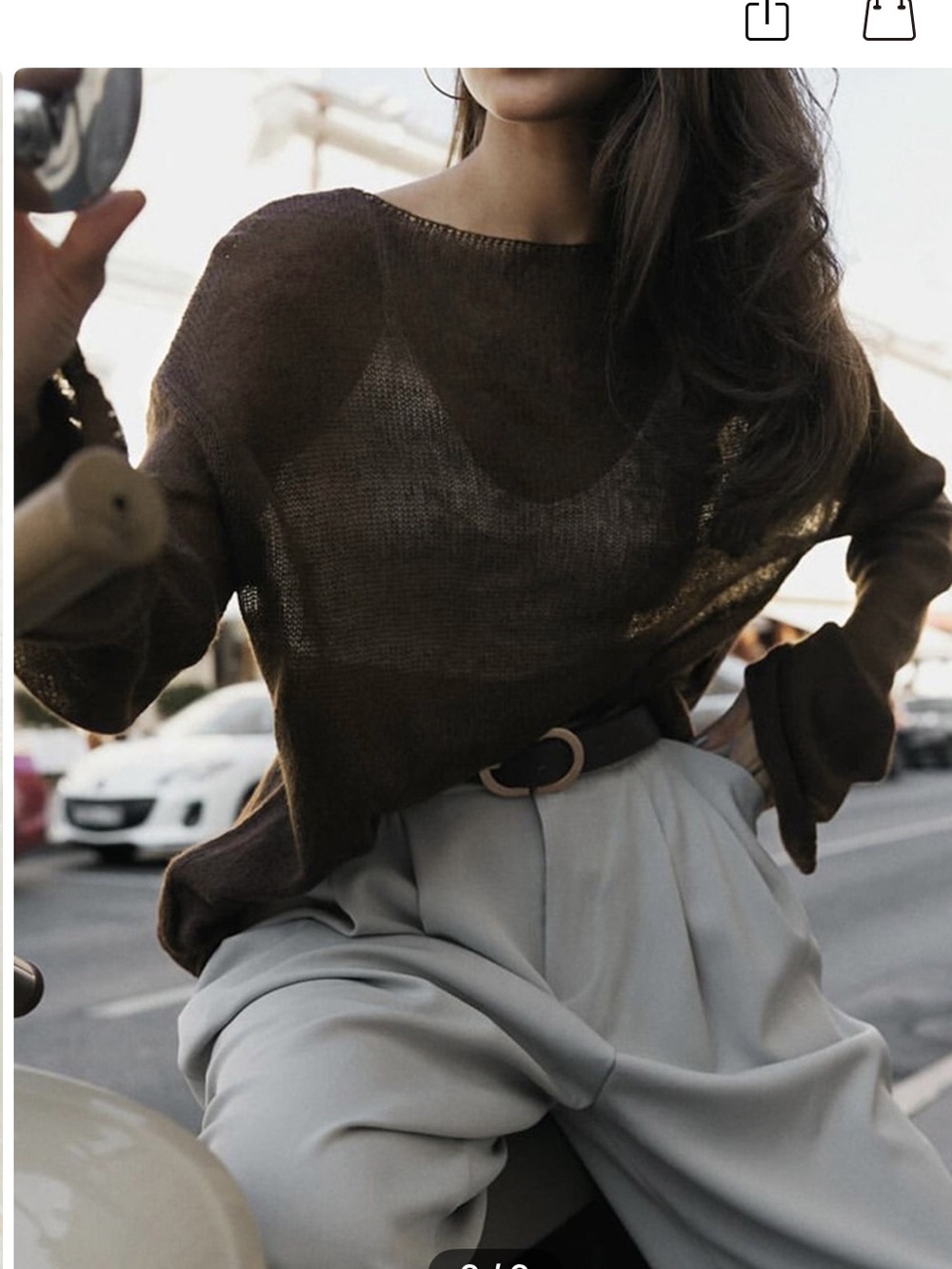 Hollow Draped Snug Knit Top — Brown